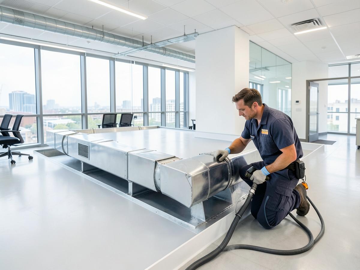 Technician servicing commercial ductwork inside a modern Owings Mills office space