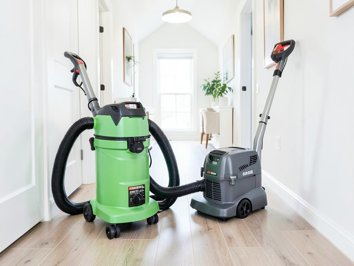 Portable duct cleaning vacuum and air mover staged in a home hallway before an appointment