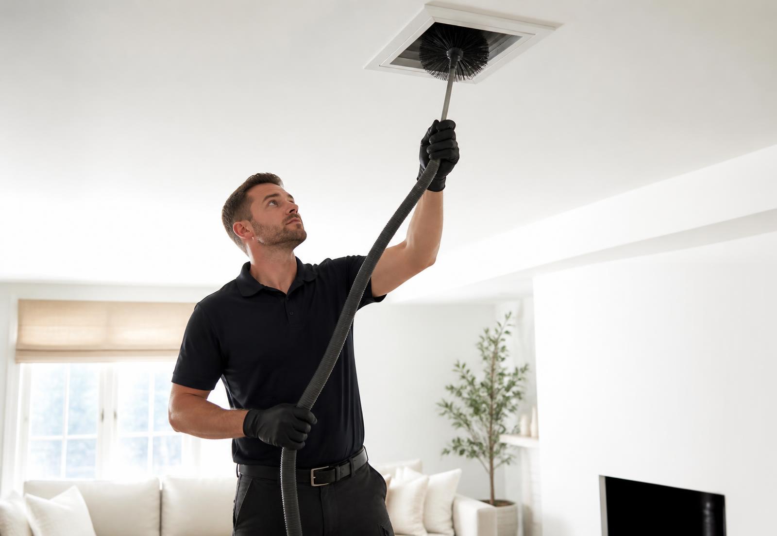 Technician cleaning a ceiling air duct register with a brush and vacuum hose in a bright Owings Mills area home